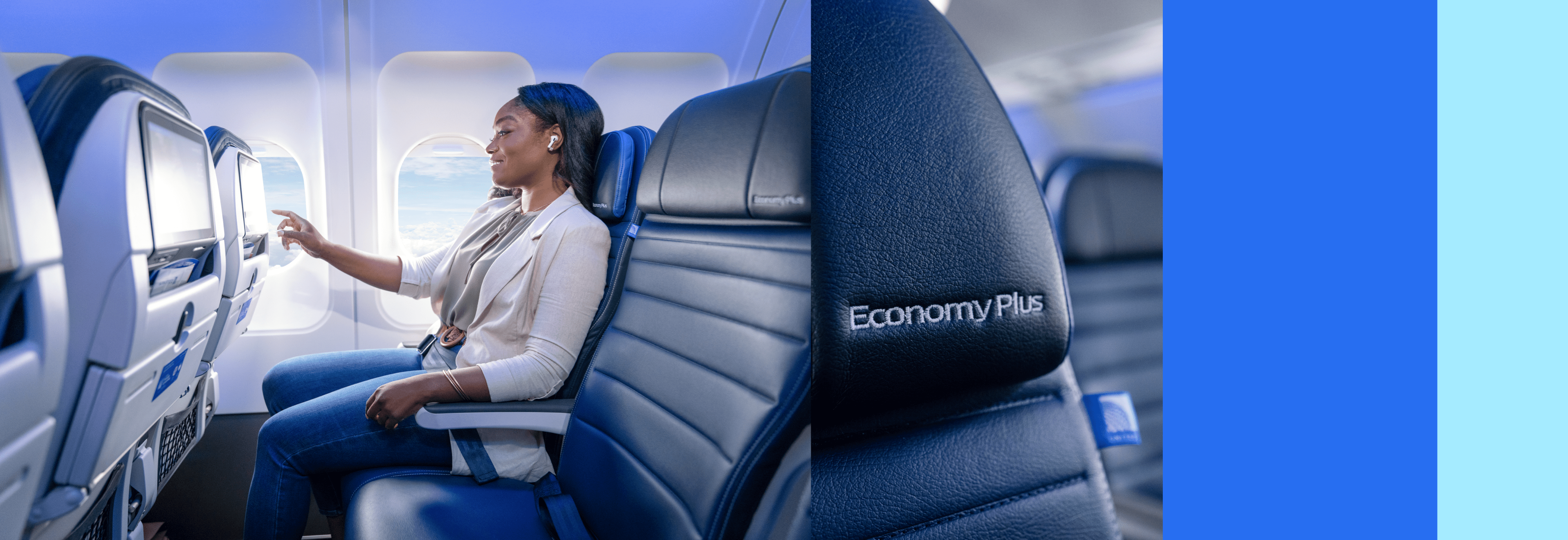 a women sitting in united airlines using her phone for seat selection